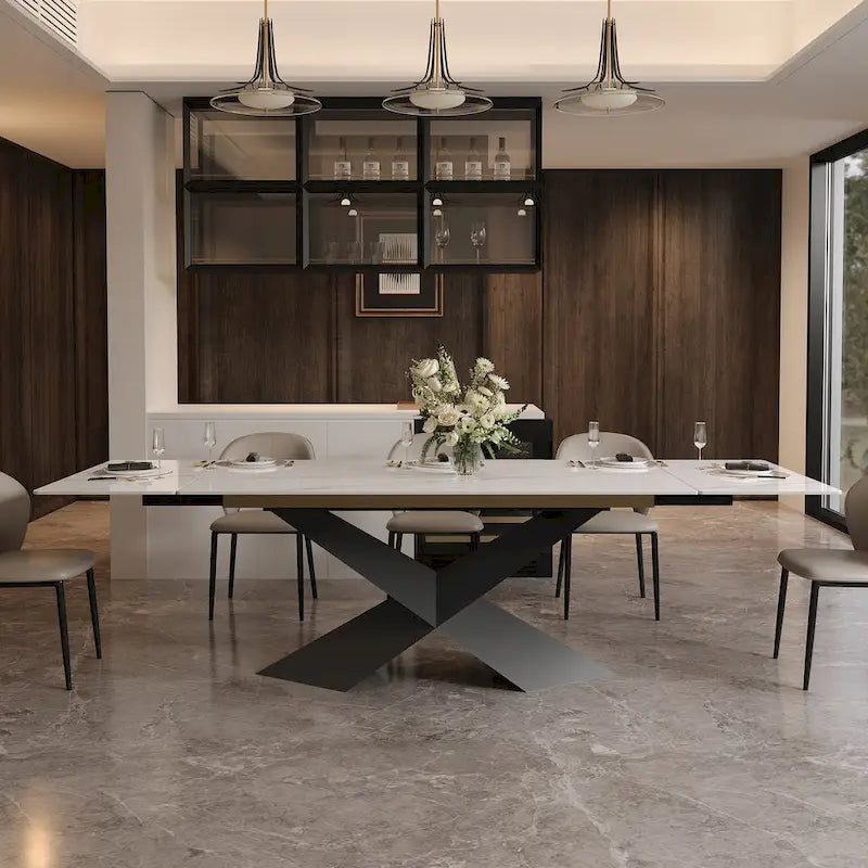 Table à manger moderne extensible de 63 à 95 pour 4 à 10 personnes, plateau en pierre frittée brillante blanche, pieds en acier noir en forme de X - 94,5