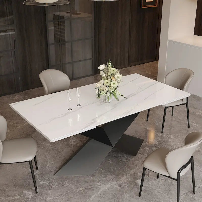 Table à manger moderne extensible de 63 à 95 pour 4 à 10 personnes, plateau en pierre frittée brillante blanche, pieds en acier noir en forme de X - 94,5
