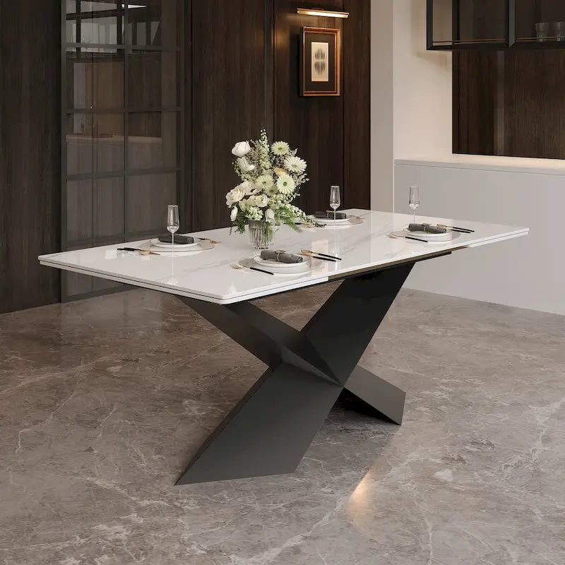 Table à manger moderne extensible de 63 à 95 pour 4 à 10 personnes, plateau en pierre frittée brillante blanche, pieds en acier noir en forme de X - 94,5