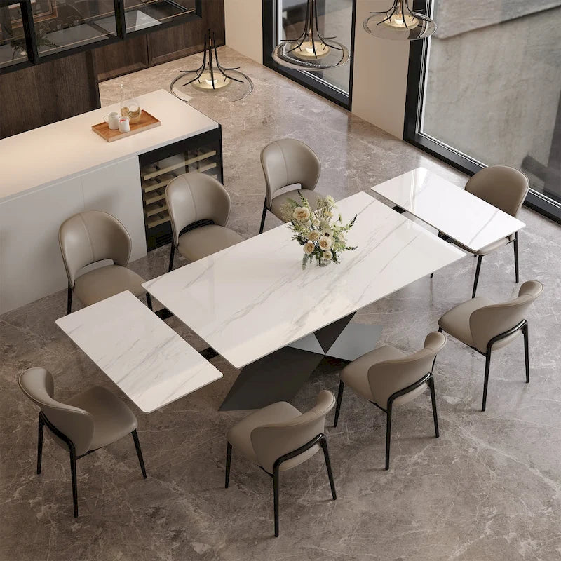 Table à manger moderne extensible de 63 à 95 pour 4 à 10 personnes, plateau en pierre frittée brillante blanche, pieds en acier noir en forme de X - 94,5