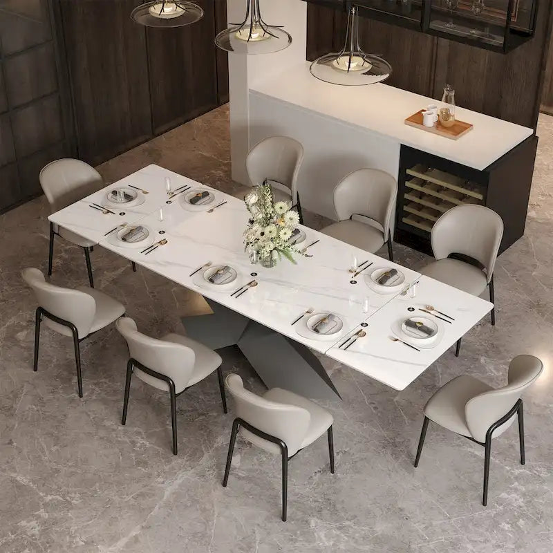 Table à manger moderne extensible de 63 à 95 pour 4 à 10 personnes, plateau en pierre frittée brillante blanche, pieds en acier noir en forme de X - 94,5