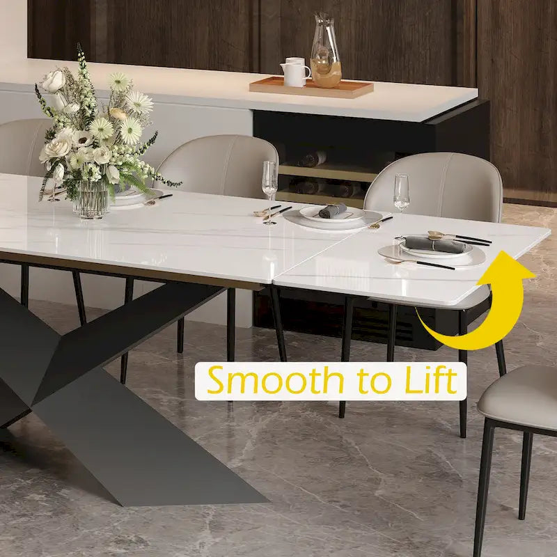 Table à manger moderne extensible de 63 à 95 pour 4 à 10 personnes, plateau en pierre frittée brillante blanche, pieds en acier noir en forme de X - 94,5