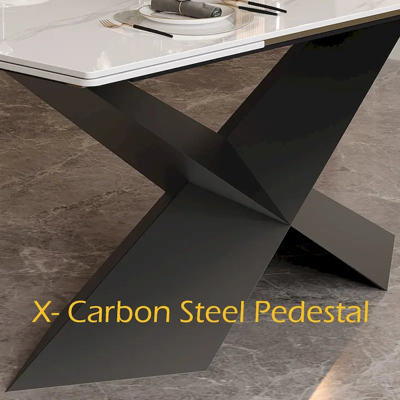 Table à manger moderne extensible de 63 à 95 pour 4 à 10 personnes, plateau en pierre frittée brillante blanche, pieds en acier noir en forme de X - 94,5