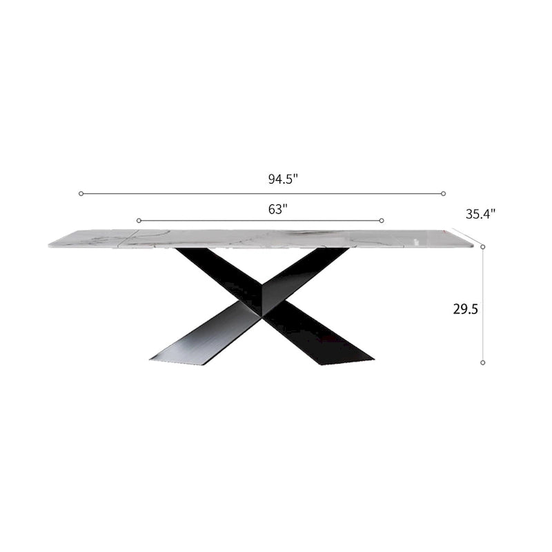 Table à manger moderne extensible de 63 à 95 pour 4 à 10 personnes, plateau en pierre frittée brillante blanche, pieds en acier noir en forme de X - 94,5