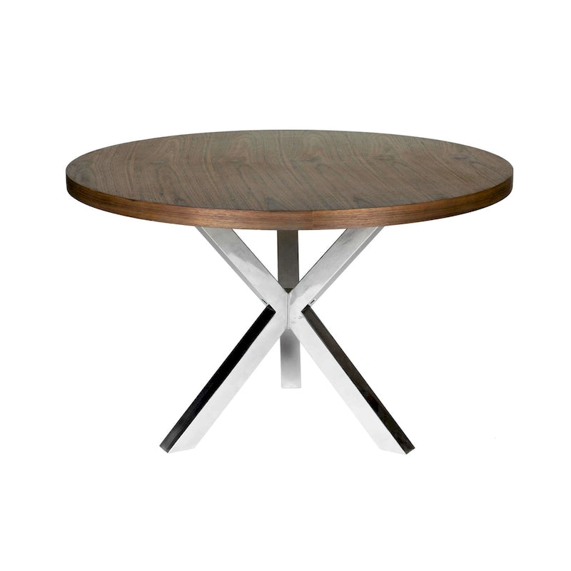 Table de salle à manger ronde de 119,4 cm, acier brossé croisé en X, bois noyer brun