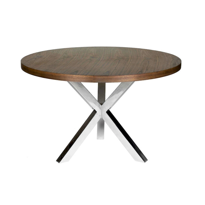 Table de salle à manger ronde de 119,4 cm, acier brossé croisé en X, bois noyer brun