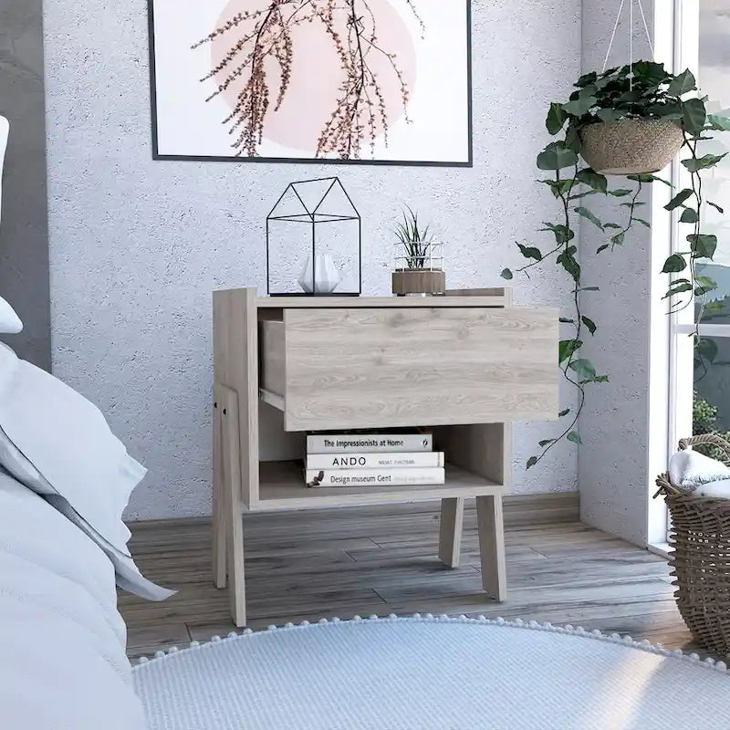Nightstand Ferku,Open Shelf,One Drawer,Light Gray Finishfor Living Room,and Dining Room